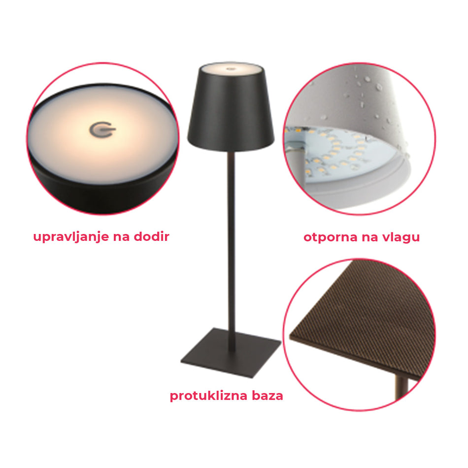 Stolna lampa na baterije, touch dimabilna - crna