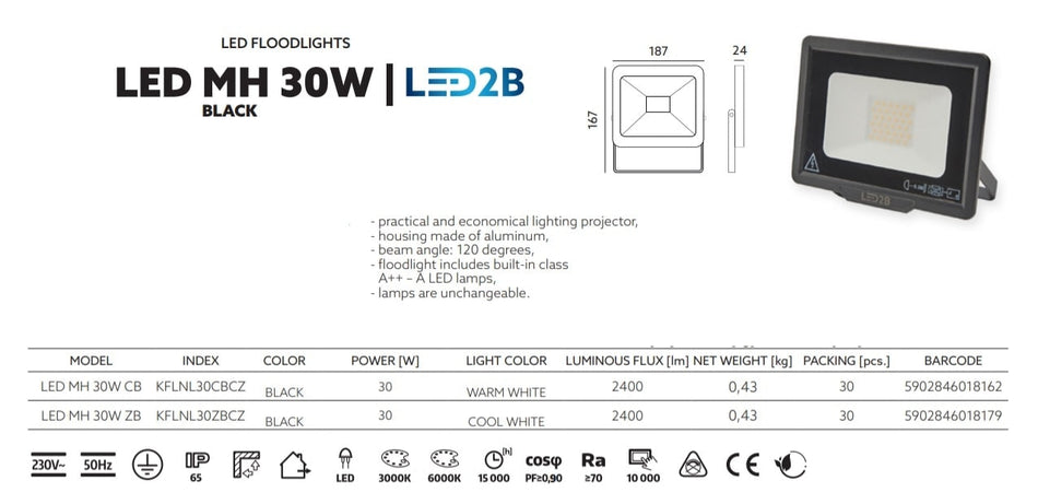 LED reflektor 30W 6000K crni LED2B