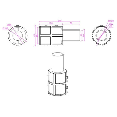 adapter za rasvjetni stup sa 80 mm na 60 mm crne boje - skica