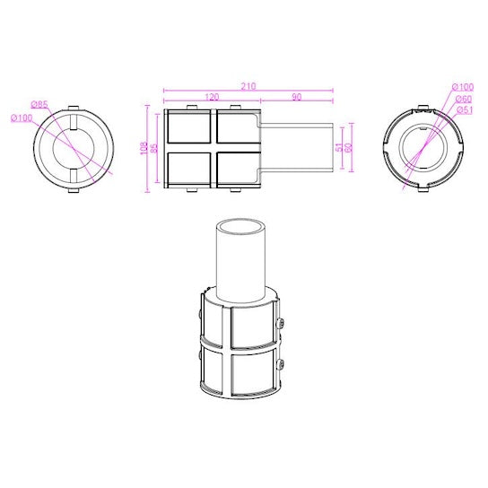 adapter za rasvjetni stup sa 80 mm na 60 mm crne boje - skica