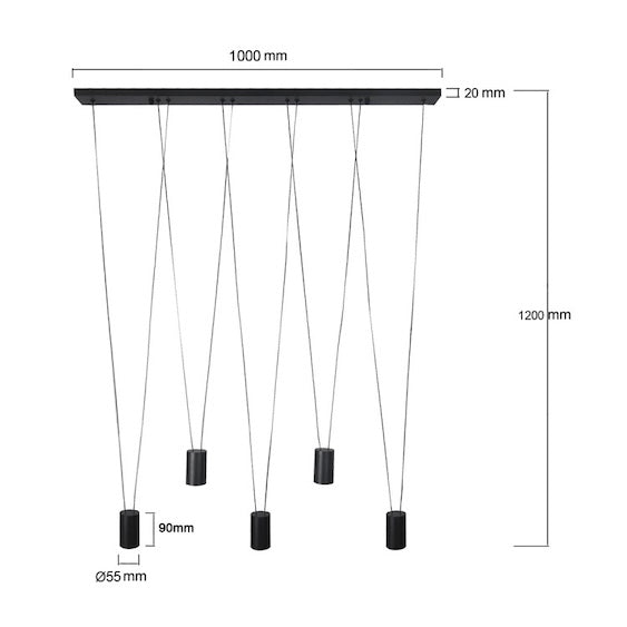 viseća lampa crne boje sa prikazom dimenzija