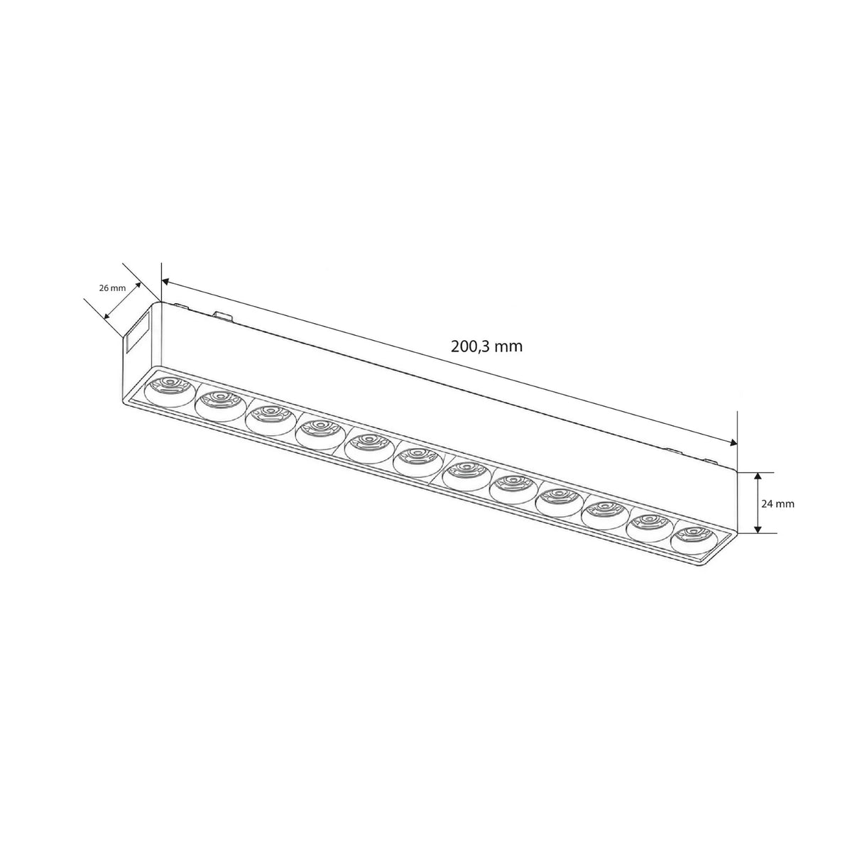 magnetna šinska rasvjeta crne boje linearna - 12w - dimenzije
