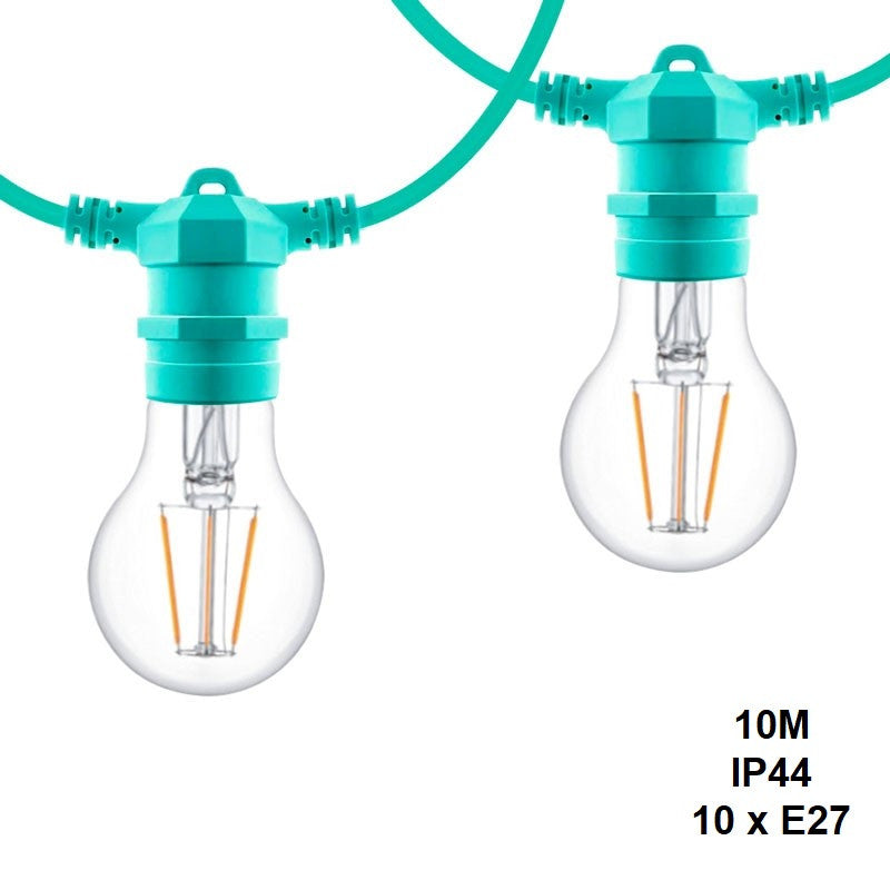 rasvjetni lanac dužine 10 metara, sa zaštitom ip44 za vanjsku upotrebu i sa 10 grla e27